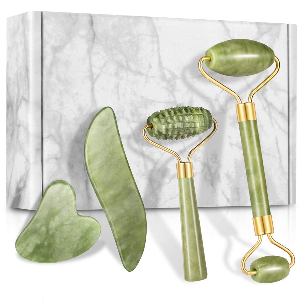 4Pcs/Set Jade Roller and Gua Sha Set Facial Massager Skincare Beauty Tools for Anti-Aging, Gentle Skin, Remove Wrinkles & Eye Puffiness