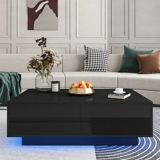 Coffee Table with 4 Drawers LED Center Cocktail Table Black High Gloss Finish