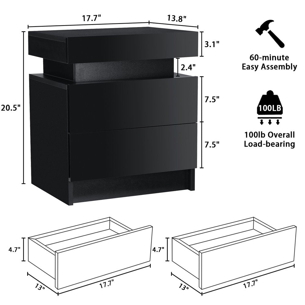 2 Drawer Modern Nightstand with RGB LED Light High Gloss Bedside Tables for Bedroom Black