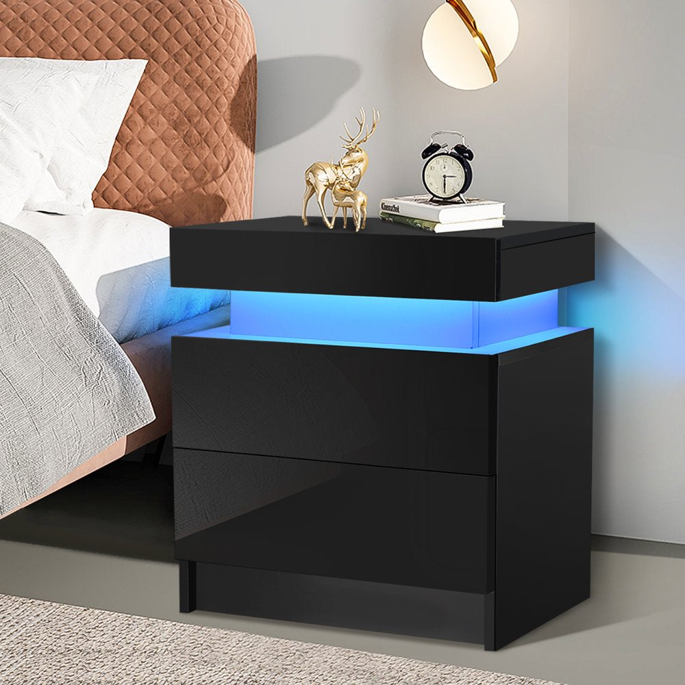 2 Drawer Modern Nightstand with RGB LED Light High Gloss Bedside Tables for Bedroom Black