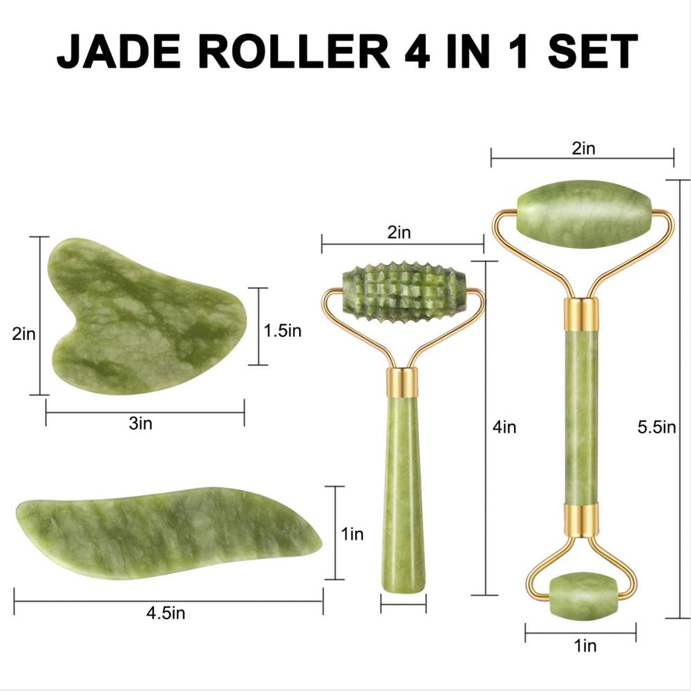 4Pcs/Set Jade Roller and Gua Sha Set Facial Massager Skincare Beauty Tools for Anti-Aging, Gentle Skin, Remove Wrinkles & Eye Puffiness